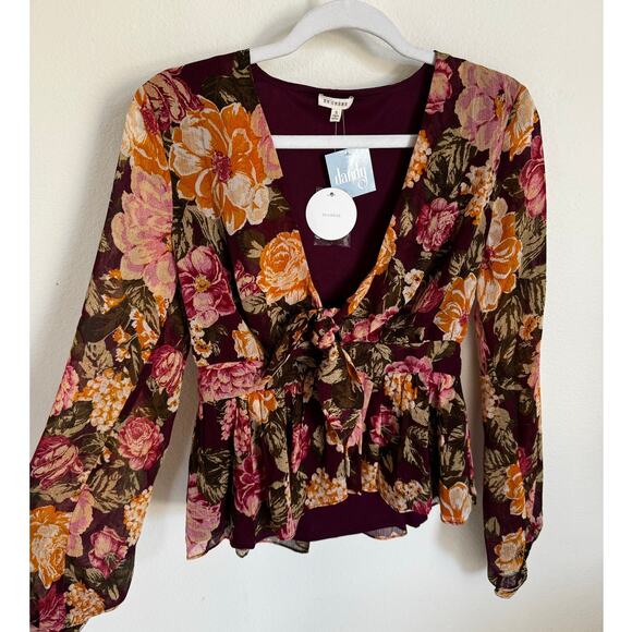 NWT En Creme Women's Bubble Sleeve Peplum Long Sleeve Floral Blouse Size Small - Picture 1 of 7